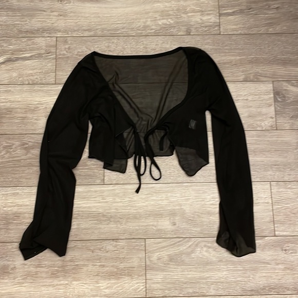 Black Mesh Tie Front Top - Picture 2 of 4